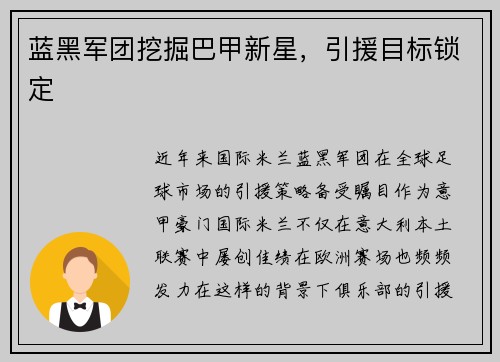 蓝黑军团挖掘巴甲新星，引援目标锁定