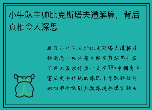 小牛队主帅比克斯塔夫遭解雇，背后真相令人深思