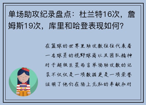 单场助攻纪录盘点：杜兰特16次，詹姆斯19次，库里和哈登表现如何？