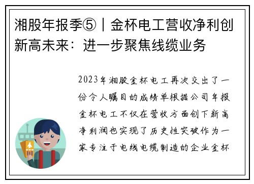 湘股年报季⑤｜金杯电工营收净利创新高未来：进一步聚焦线缆业务