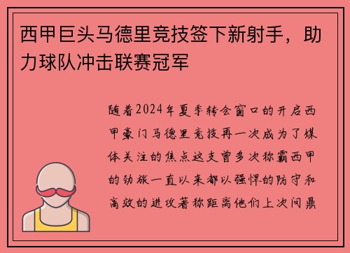 西甲巨头马德里竞技签下新射手，助力球队冲击联赛冠军