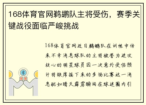 168体育官网鹈鹕队主将受伤，赛季关键战役面临严峻挑战